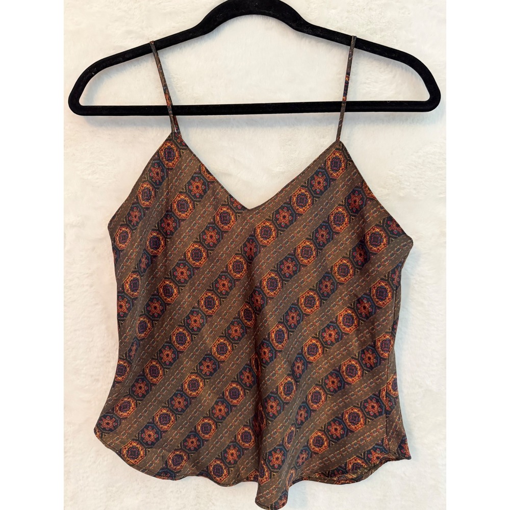 Vintage Style Bohemian Geometric Medallion Print Satin Camisole Top Brown Small